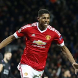 United’s Marcus Rashford celebrates after scoring during the Europa League round of 32 second leg soccer match between Manchester United and FC Midtjylland in Manchester, England, Thur, Feb. 25, 2016 . AP Photo:Jon Super